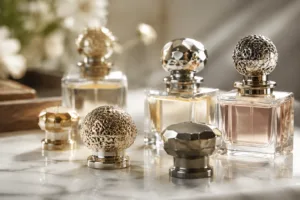 Custom perfume bottle caps in polished metal next to fragrance bottles