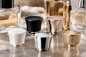 Perfume bottle cap design comparison showing matte glossy and metallic cap finishes
