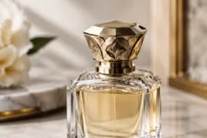close-up of perfume bottle caps aligned on a glass fragrance bottle