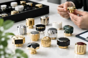 Packaging buyer reviewing perfume bottle cap wholesale samples with different decorative metal finishes